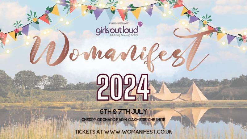 Womanifest 2024 poster image featuring bell tents in the background and a lake in the foreground